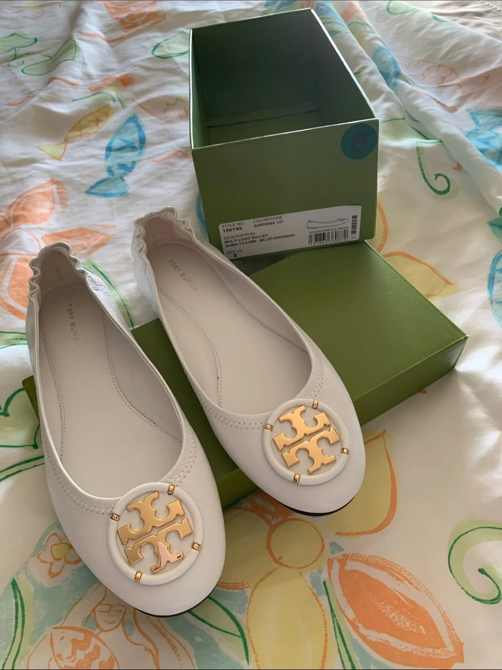 Tory Burch White Leather Logo Ballet Flats with Gold Emblem color gardenia